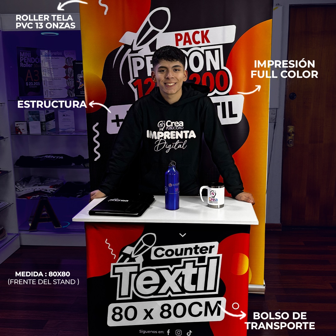 Punto de Venta Roller 120x200 + Mesa Textil 80x80