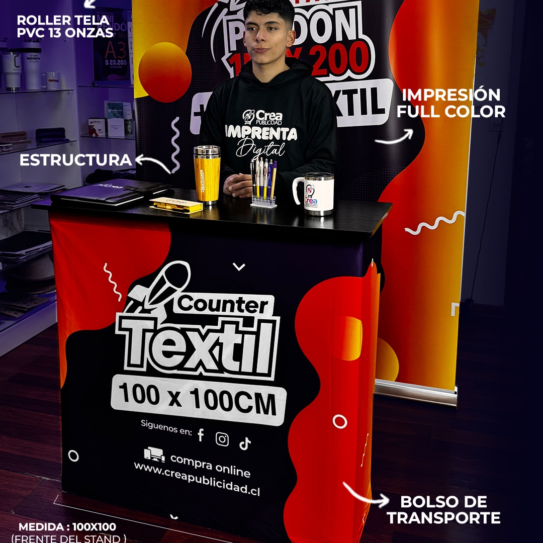 Punto de Venta Roller 150x200 + Mesa Textil 100x100