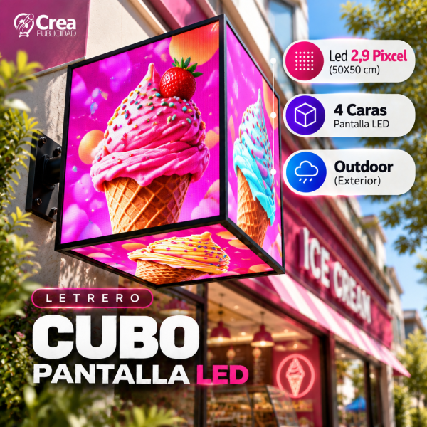 Letrero LED Cubo 4 Caras P2.9 (50x50 cm) Outdoor